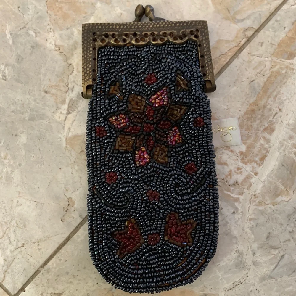 NWOT VTG K C Embroidered Green Orange Brown Beaded Hand Design Coin Wallet/Purse